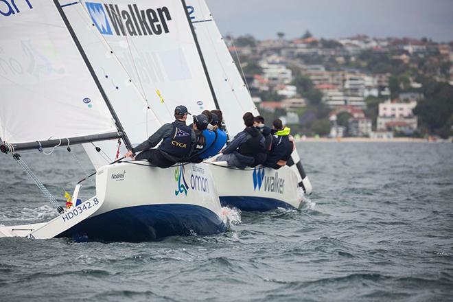 Tom Grimes and Will Dargaville fight it out during the Sharp AYMRC  - 2016 Sharp Australian Youth Match Racing Championship © CYCA Hamish Hardy